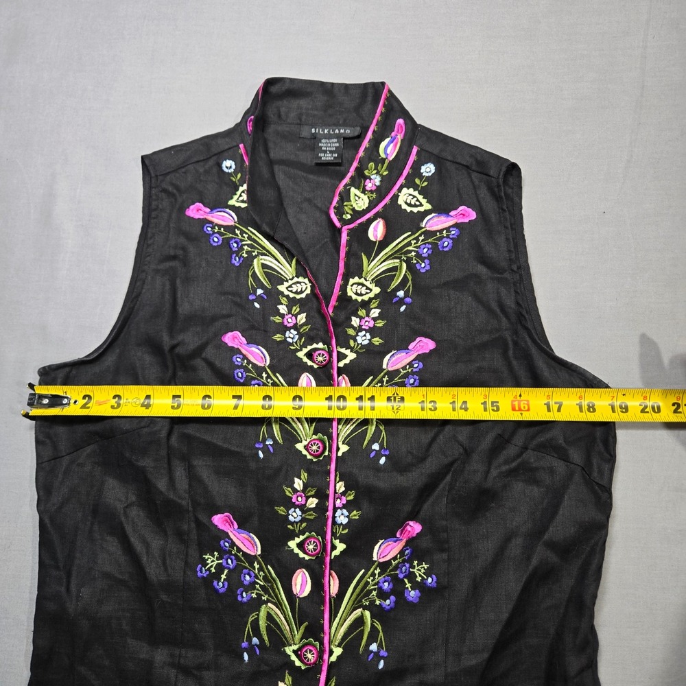 Silkland Black Linen Vest Embroidered Floral Boho Cottagecore Folk Art Vintage - Picture 6 of 7
